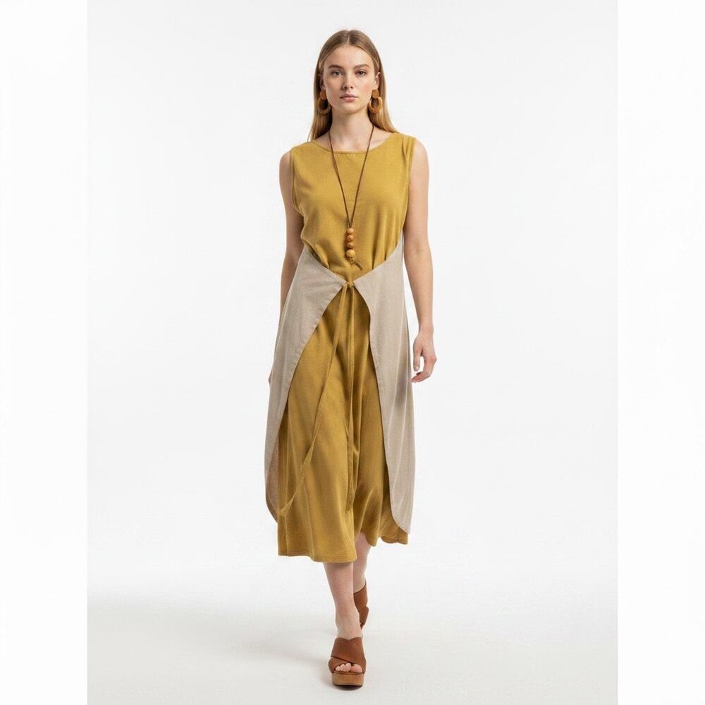 LA LOU Kalalou Lagenlook Dble Side Tie OSFM Pistachio Tan Linen Blend Maxi Dress